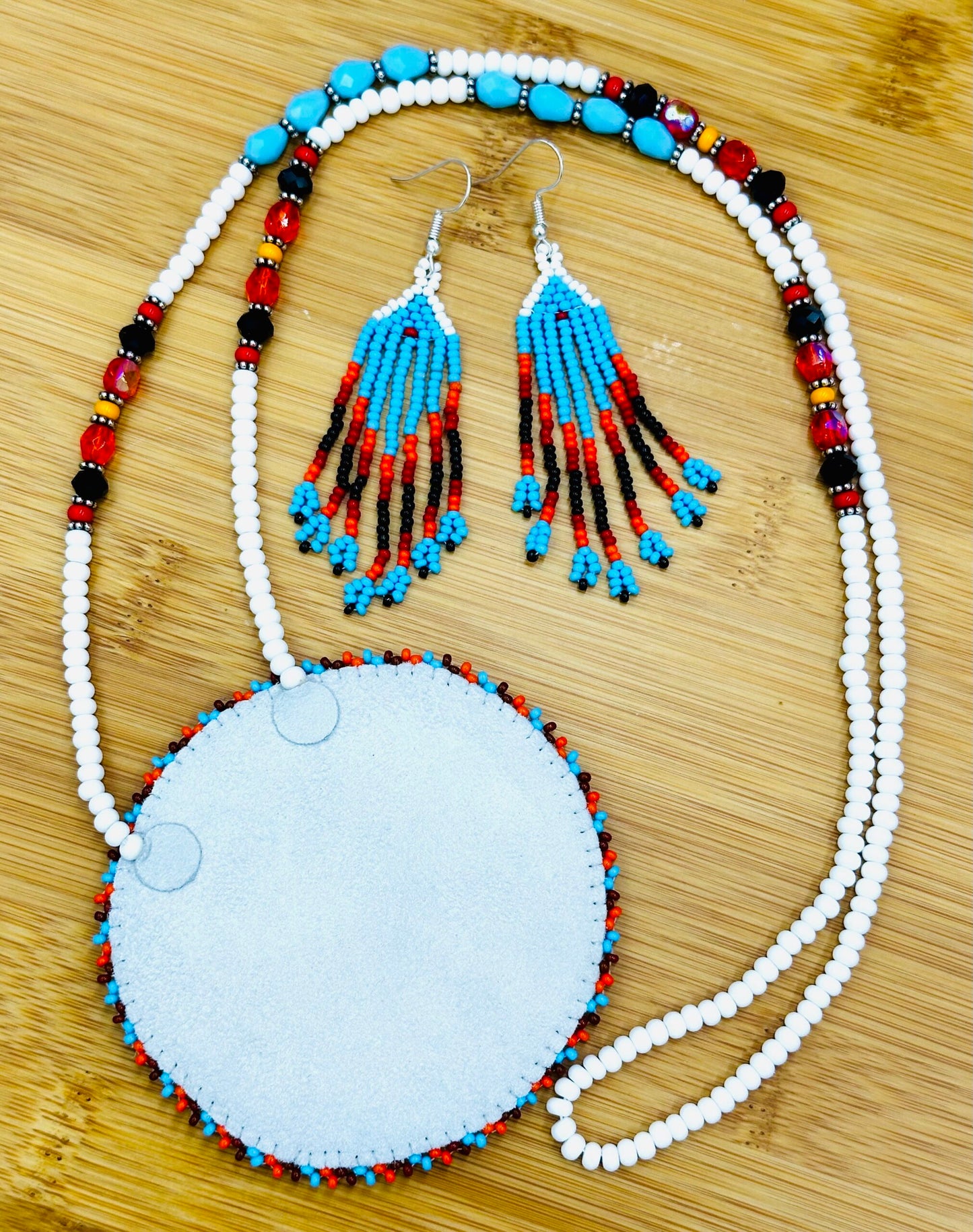 Handmade beaded White Red medallion necklace earrings set
