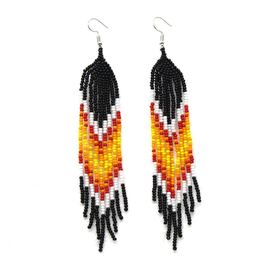 Handmade Beaded Black Orange Yellow Hook Earrings