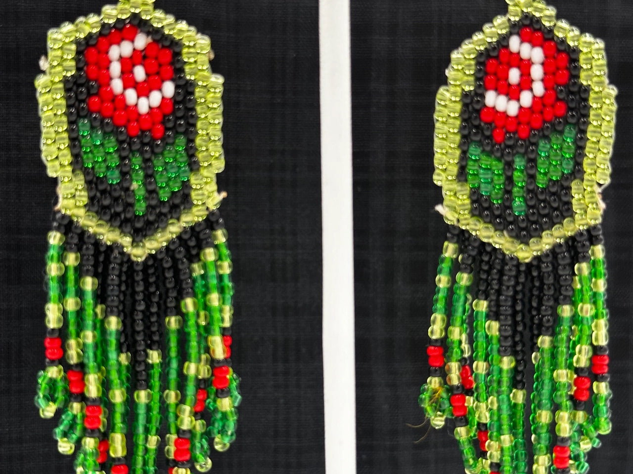 Handmade beaded Rose green Red dangle hook earrings