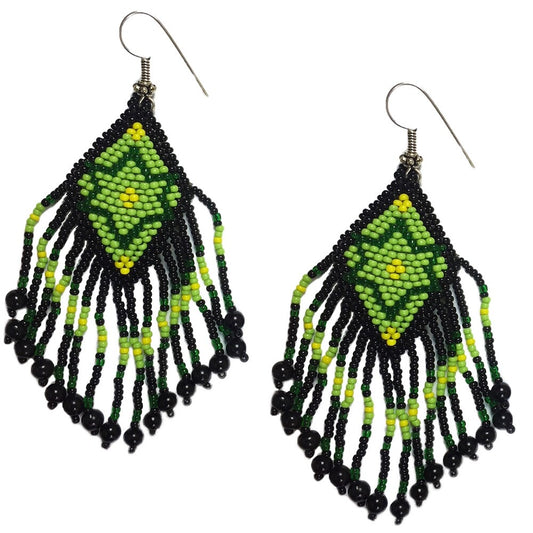 Emerald Green & Black Beaded Fringe Earrings