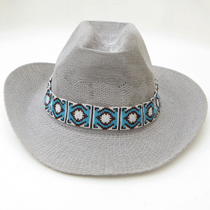 Blue Brown White Seed Beaded Cowboy Hat Band Medicine man's Eye Beadwork