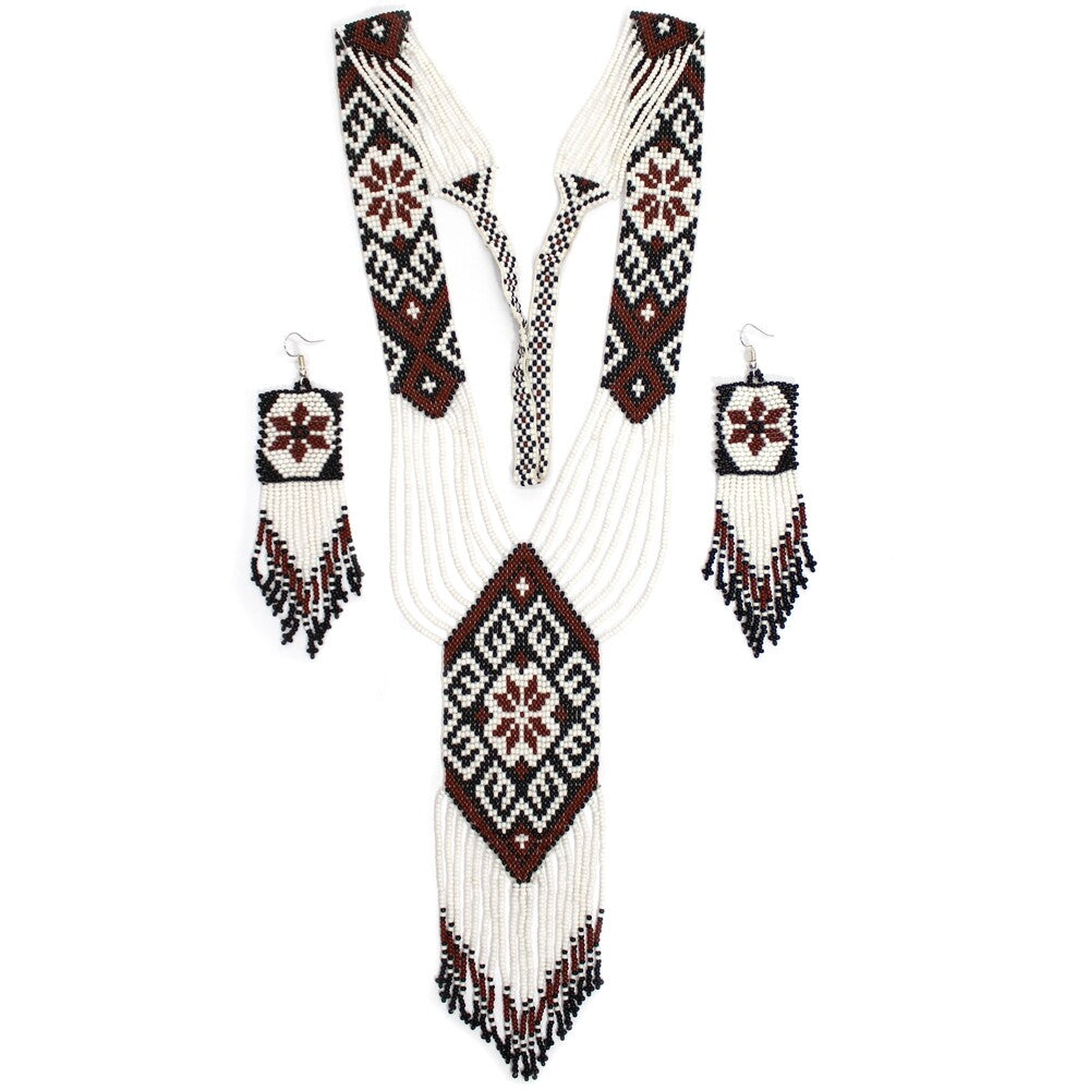 New Handmade White Brown Long Necklace Earring Set