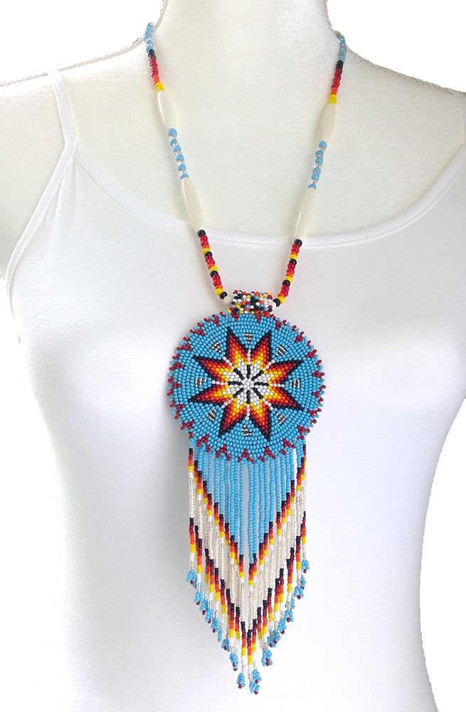Turquoise Blue Seed Bead Long Star Medallion Beaded Necklace Earrings