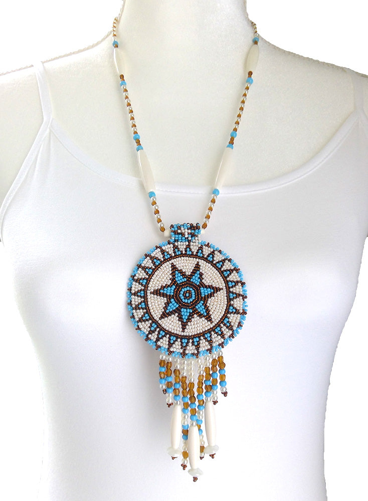 White Turquoise Seed Bead Long Star Medallion Necklace Earrings Set