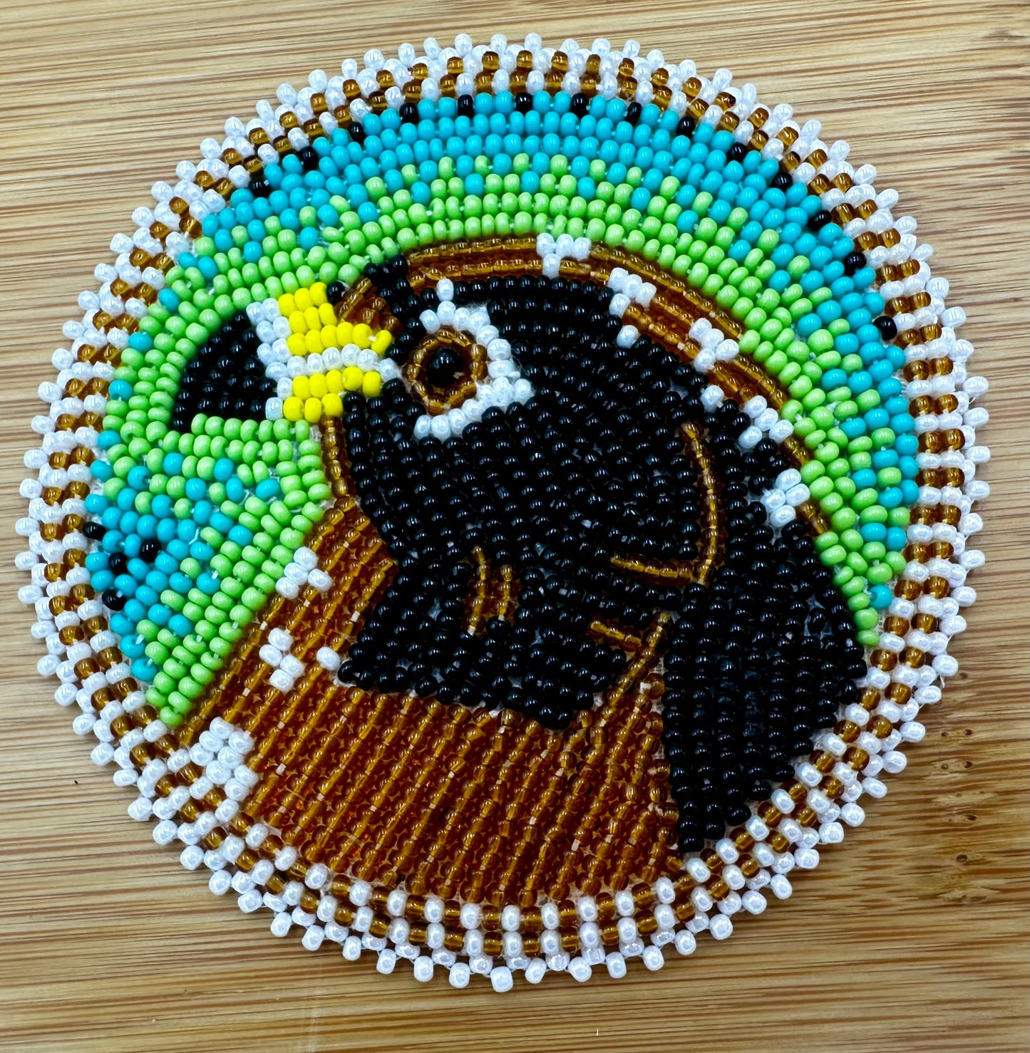 Handmade beaded brown hawk pattern rosette/applique 3”