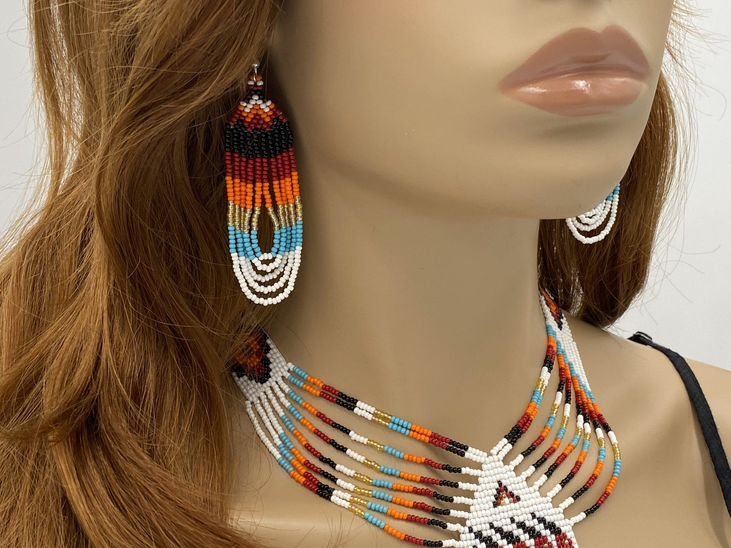 Handmade Beaded Red Bear Paw Statement Necklace Earrings Set