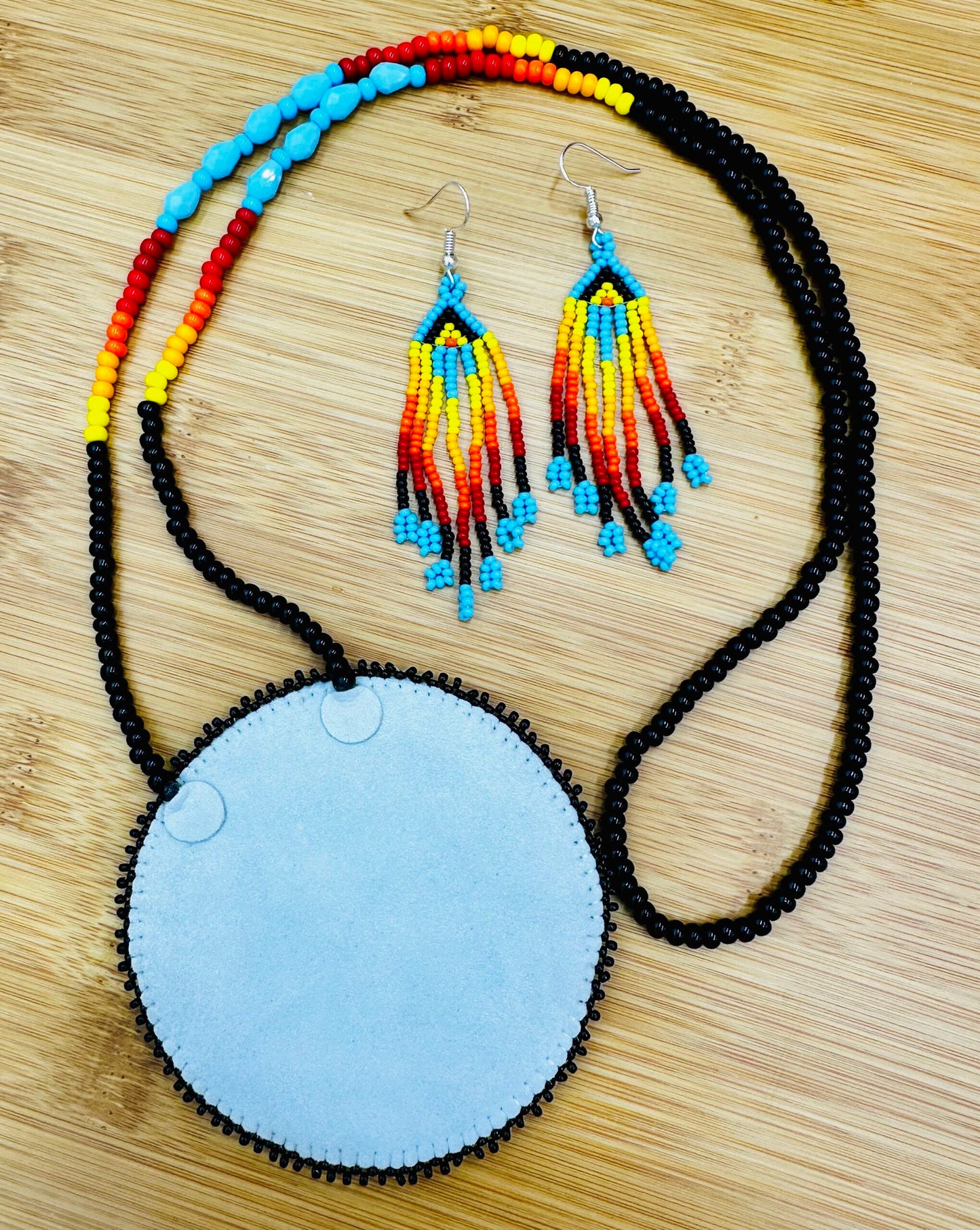 Handmade beaded Black Cyan Blue Eagle necklace earrings set