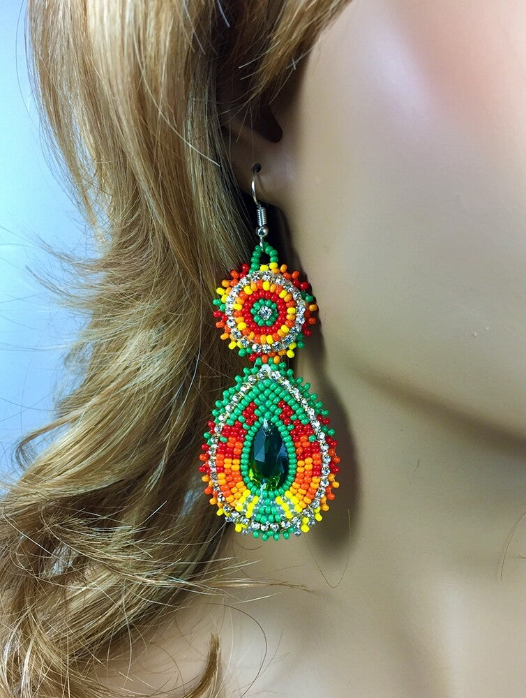 Handmade Beaded Green Orange Dangle Fashion Hook Earrings