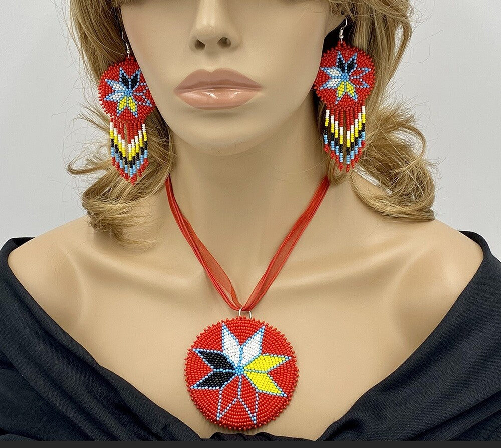 Handmade Beaded Red Rosette 4 Directions Pattern Pendant Necklace Earrings Set - Adjustable Length Organza Cord, Leather Back