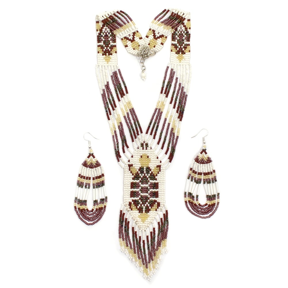 Handmade Beaded Brown White Turtle Necklace Earrings Set