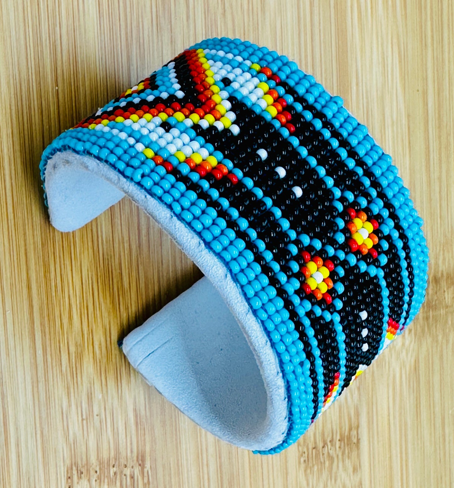 Handmade Beaded Cyan Blue Diamond Pattern Hard Cuff bracelet