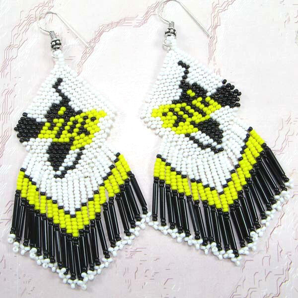 White Black Yellow Thunderbird Beaded Earrings Handmade