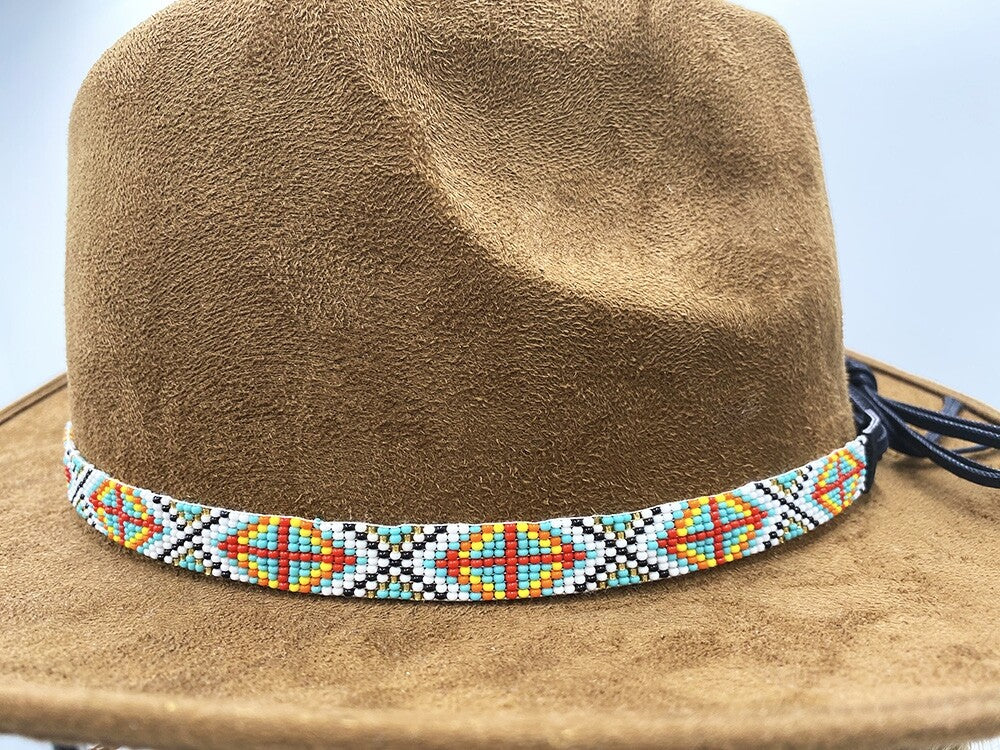 Handmade Beaded Red Orange White Cowboy Style Hatband