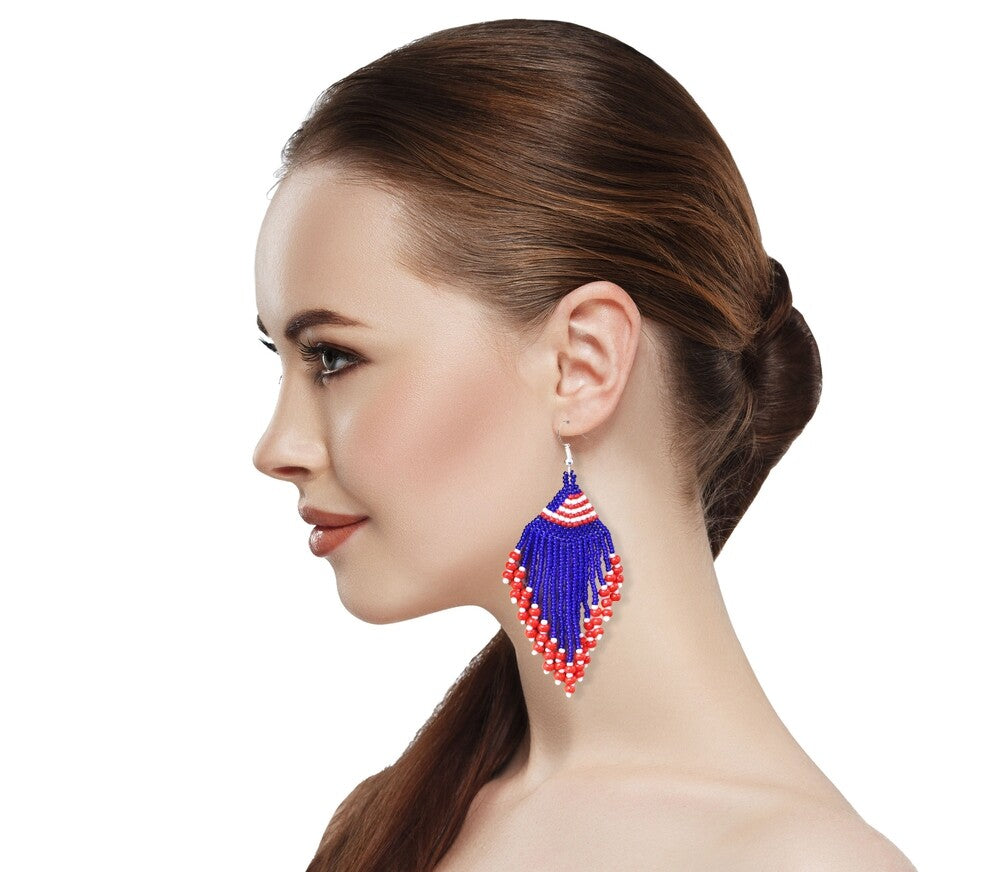 Handmade Beaded Red Blue White Patriotic Color Chandelier Earrings