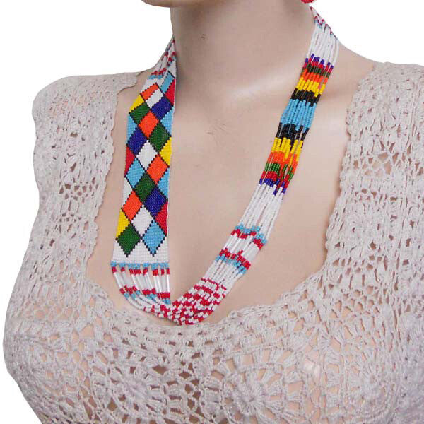 White Seed Beaded Necklace Earrings Multicolor Beadwork