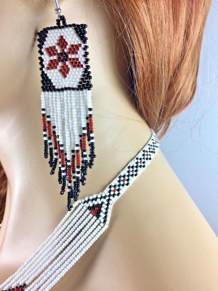 New Handmade White Brown Long Necklace Earring Set