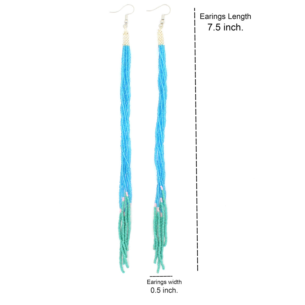 Iris Blue Glass Seed Beads Beaded Extra Long Earrings 7.5 Inch