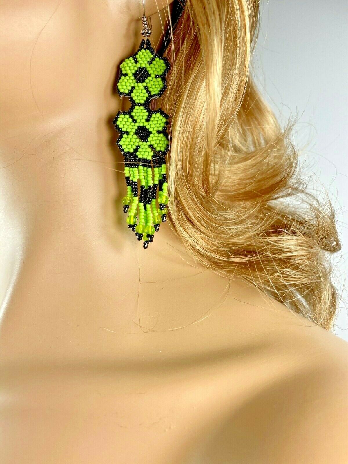 Native Style Ethnic Black Green Flower Beaded Handmade Hook Earrings E10/1