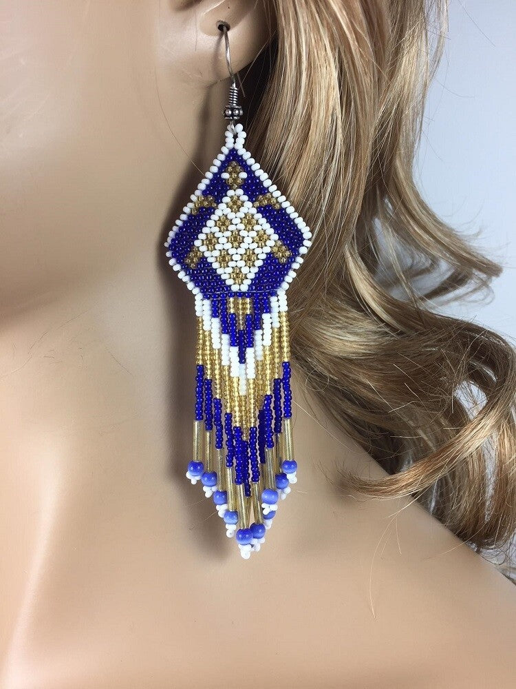 Handmade Blue Golden White Turtle Beaded Fringe Earrings with Steel Finish