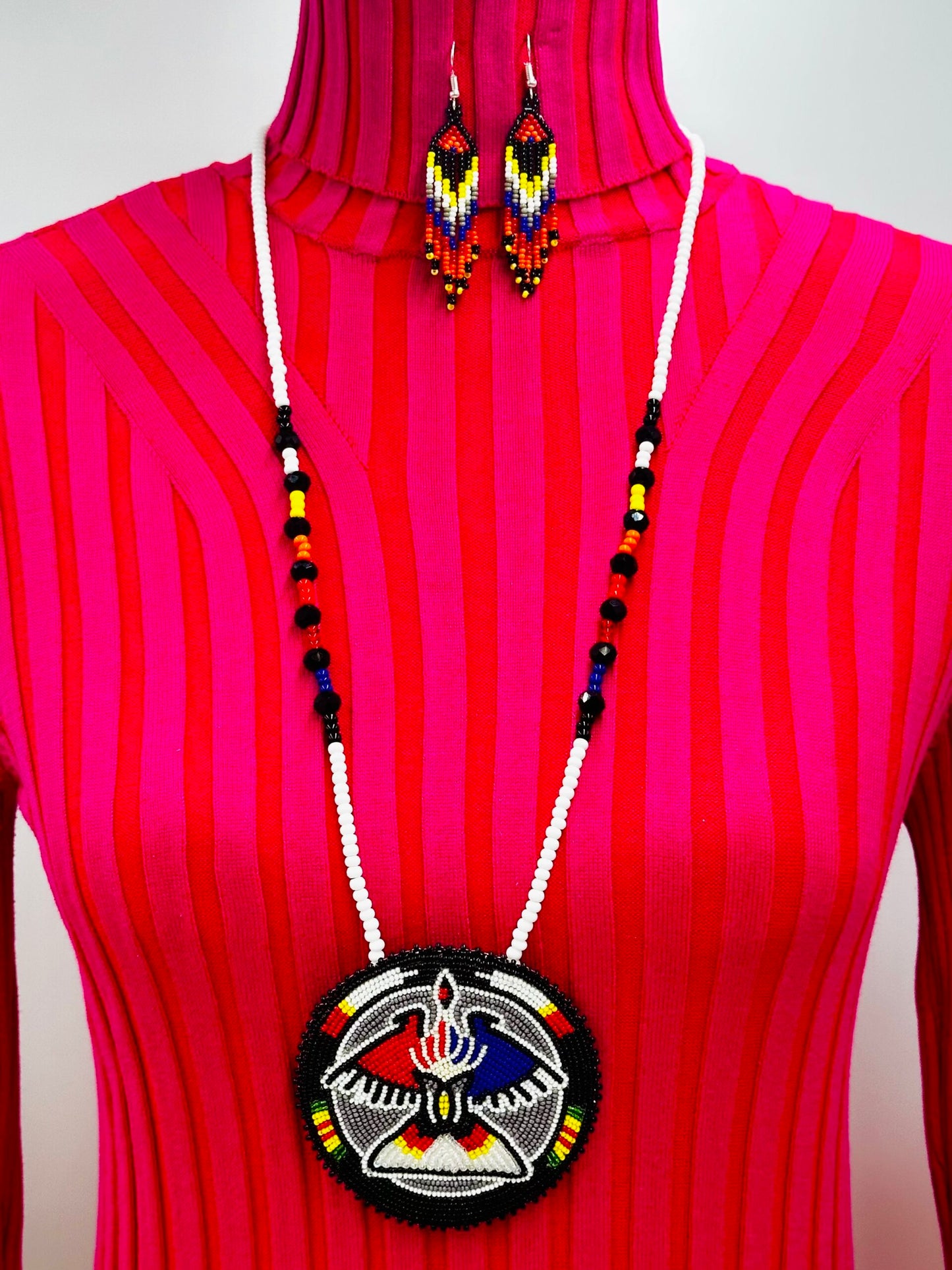 Handmade beaded Grey Black Eagle necklace earrings set