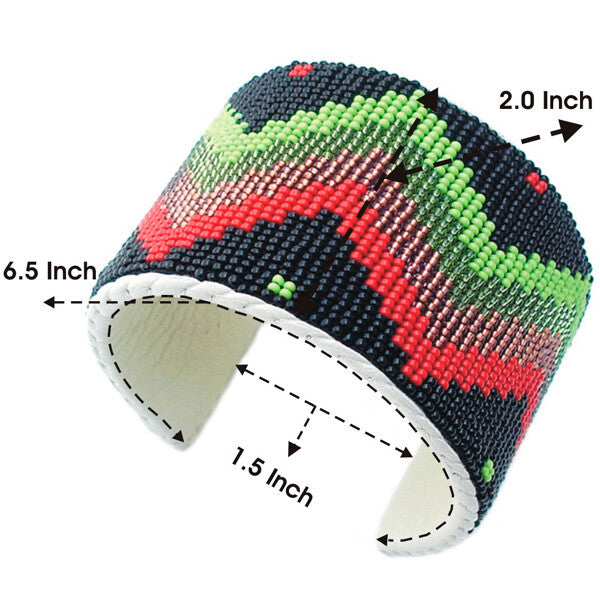 Black Red Green Handmade Adjustable Leather Hard Cuff Bracelet - Beaded Design