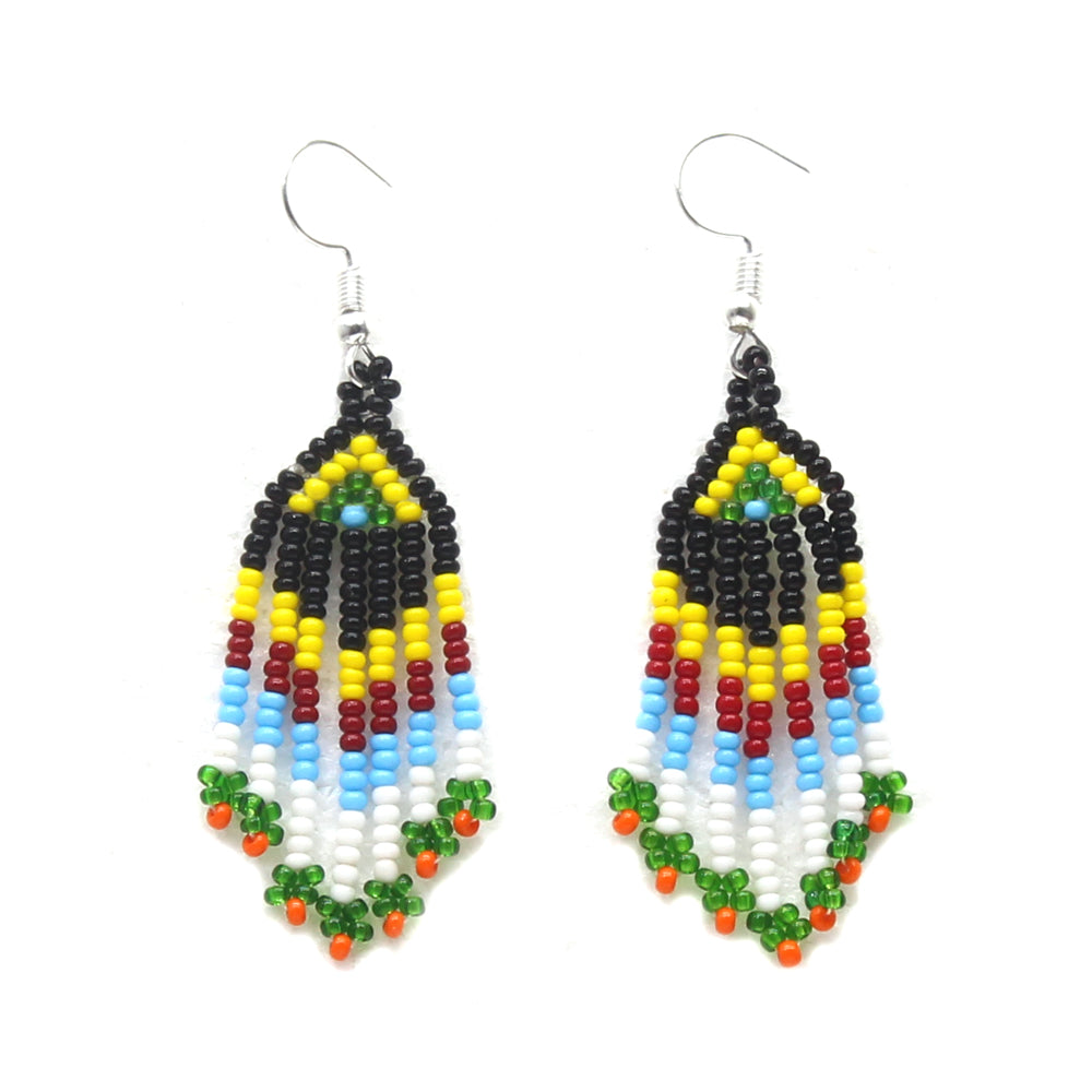 Black Yellow Seed Bead Long Star Medallion Handmade Necklace Earrings Set