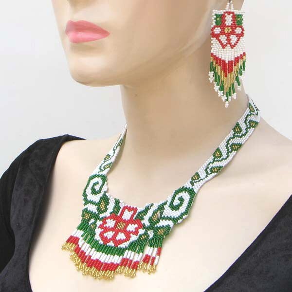 Handmade Beaded Green Seed Bead Long Necklace Earrings Set