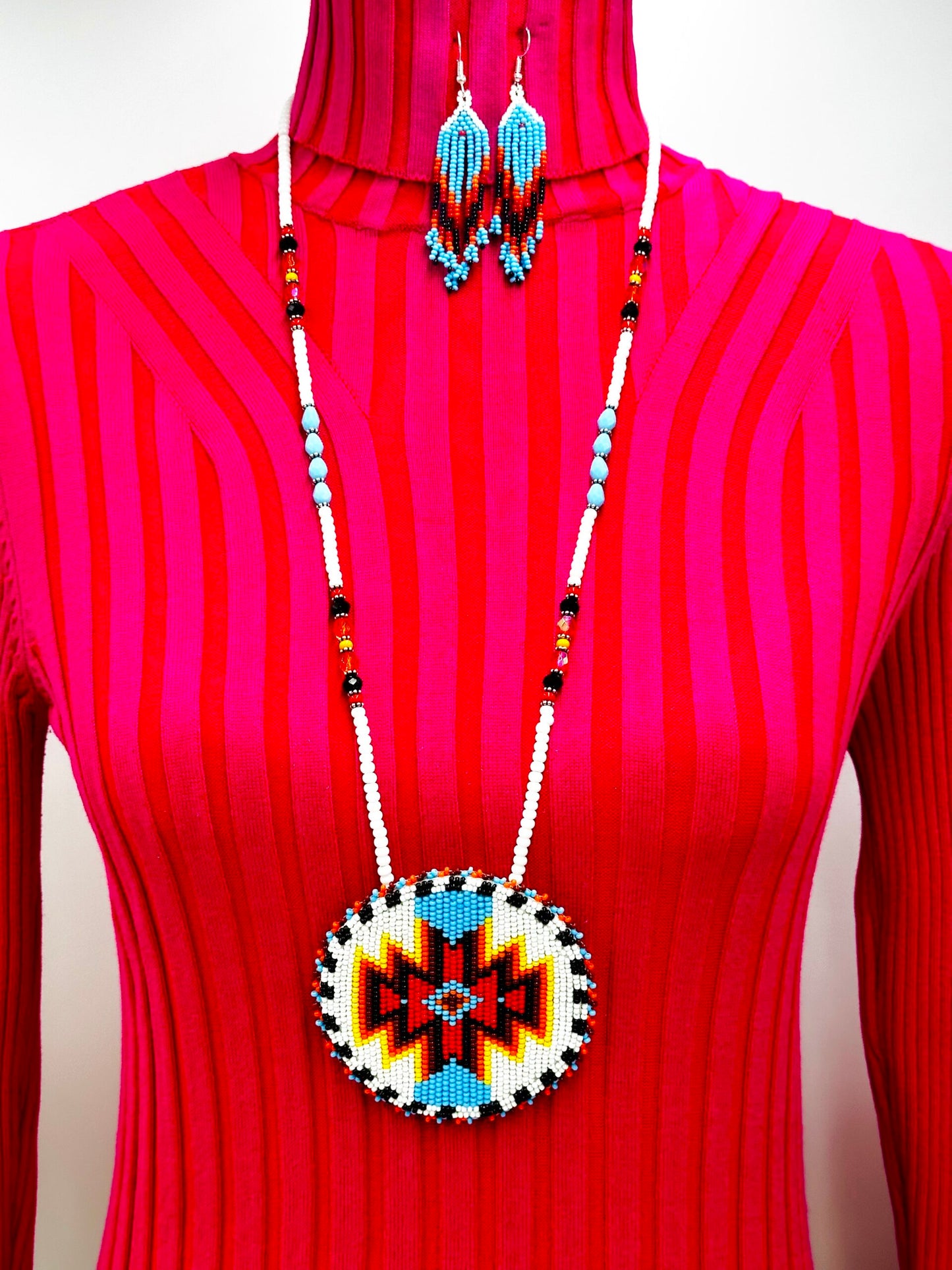 Handmade beaded White Red medallion necklace earrings set