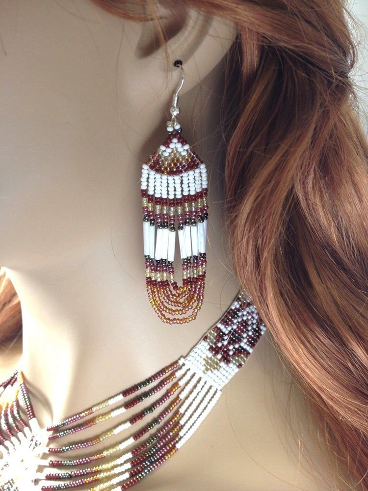 Handmade Beaded Brown White Turtle Necklace Earrings Set