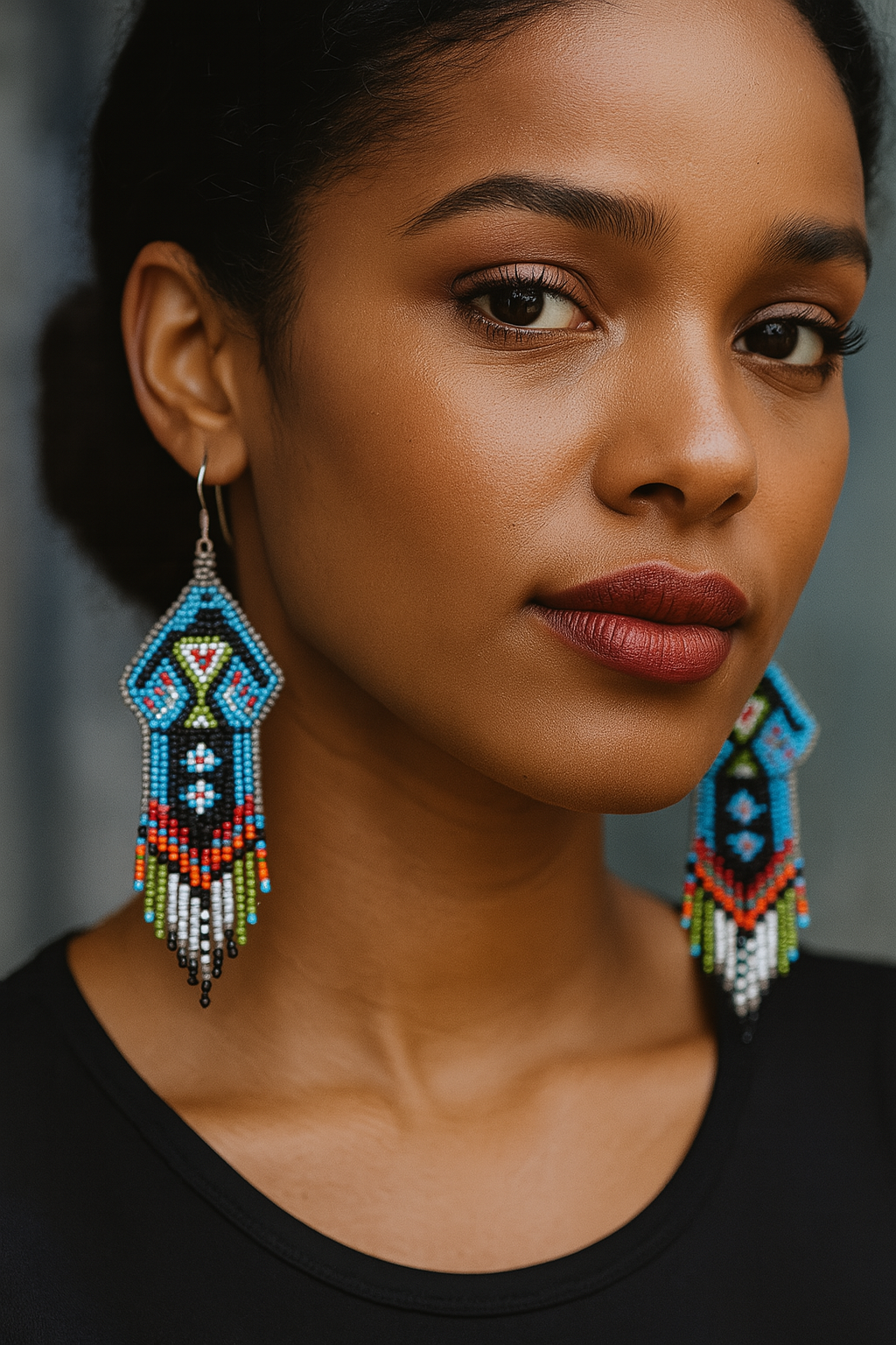 Handmade Blue Black Beaded Thunderbird Earrings