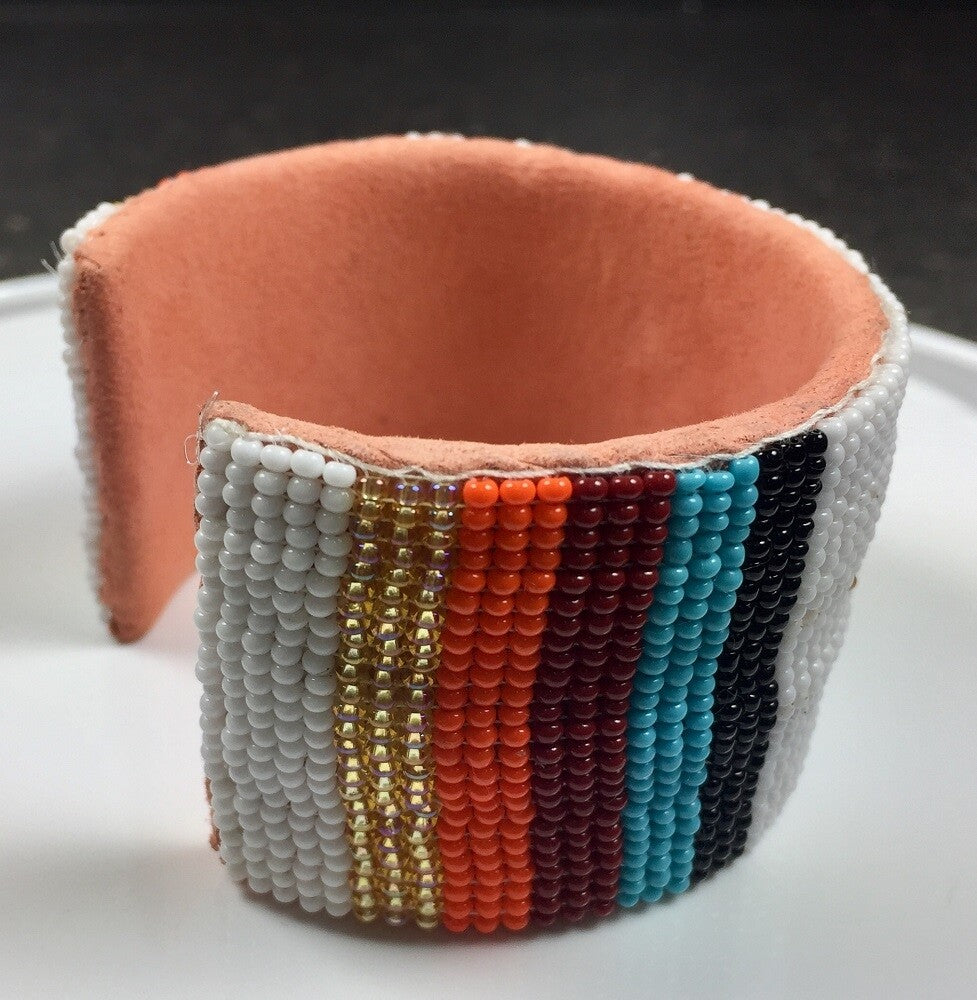 Handmade Beaded White Red Turtle Leather Hard Cuff Bracelet - Unisex Adjustable Bracelet