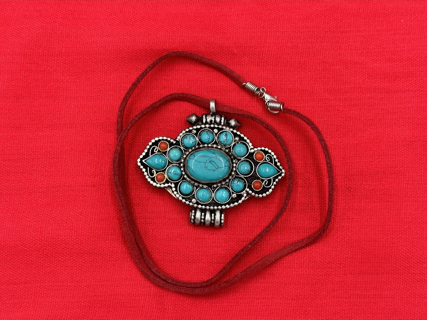 Handmade Ethnic Tibetan Amulet/Gau Box Pill Holder Pendant with Engraved Turquoise Stone