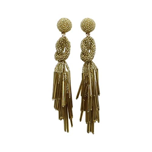 Handmade Beaded Solid Color Post Statement Earrings for Women Girl All Season 4 inch Long (Gold)