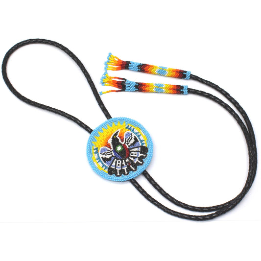 Handmade beaded Cyan Blue Eagle Bolo Tie Black leather