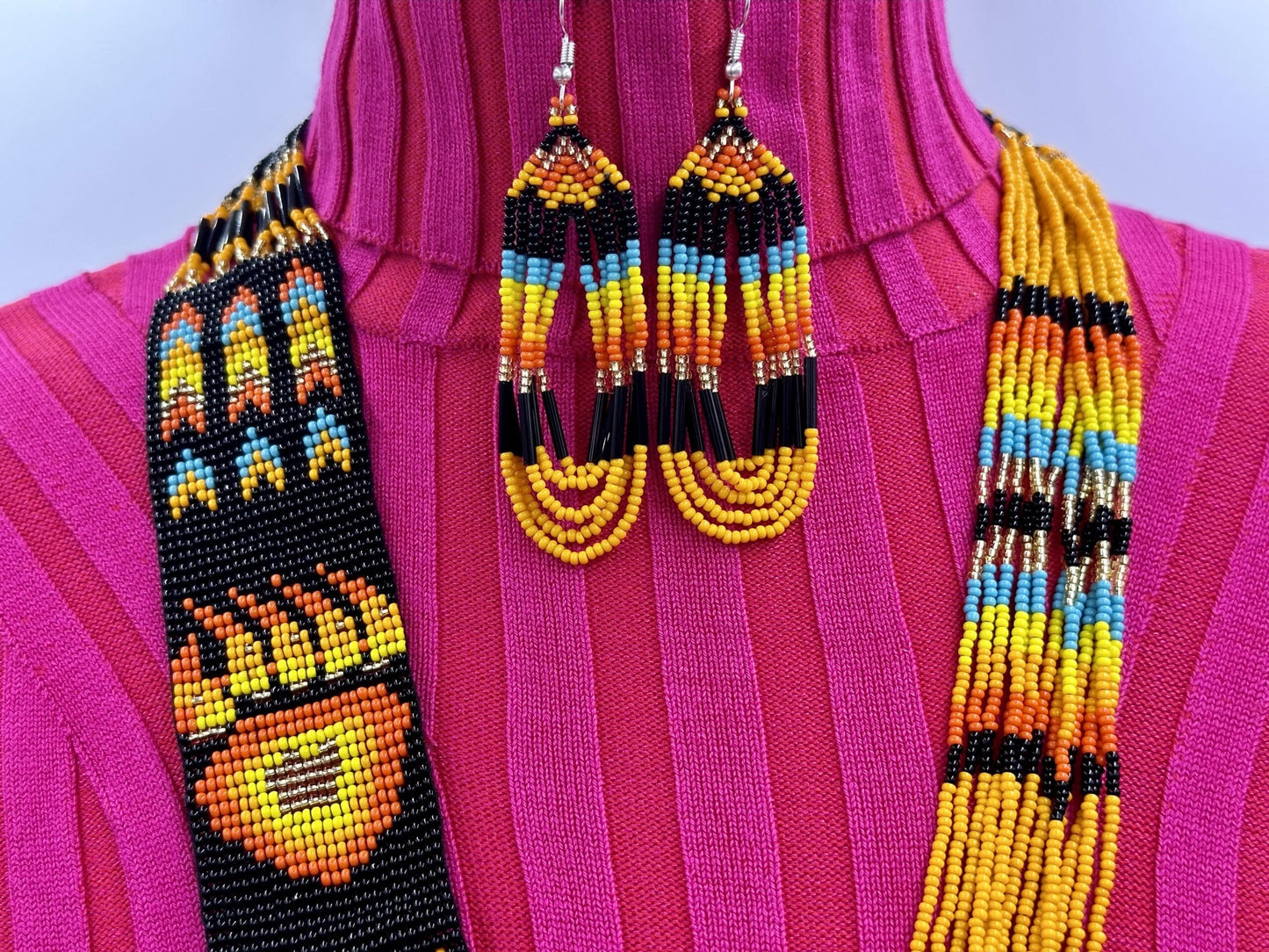 Black Fire Seed Beaded Necklace Earrings Bear Paw Beadwork