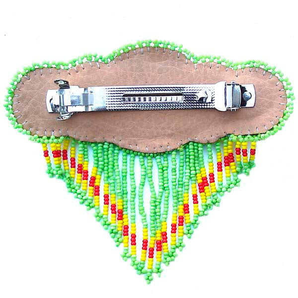 Beaded Barrette French Clip Yellow Green Rossette Fringe Beadwork
