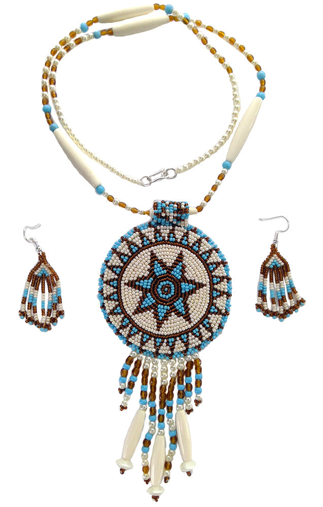 White Turquoise Seed Bead Long Star Medallion Necklace Earrings Set