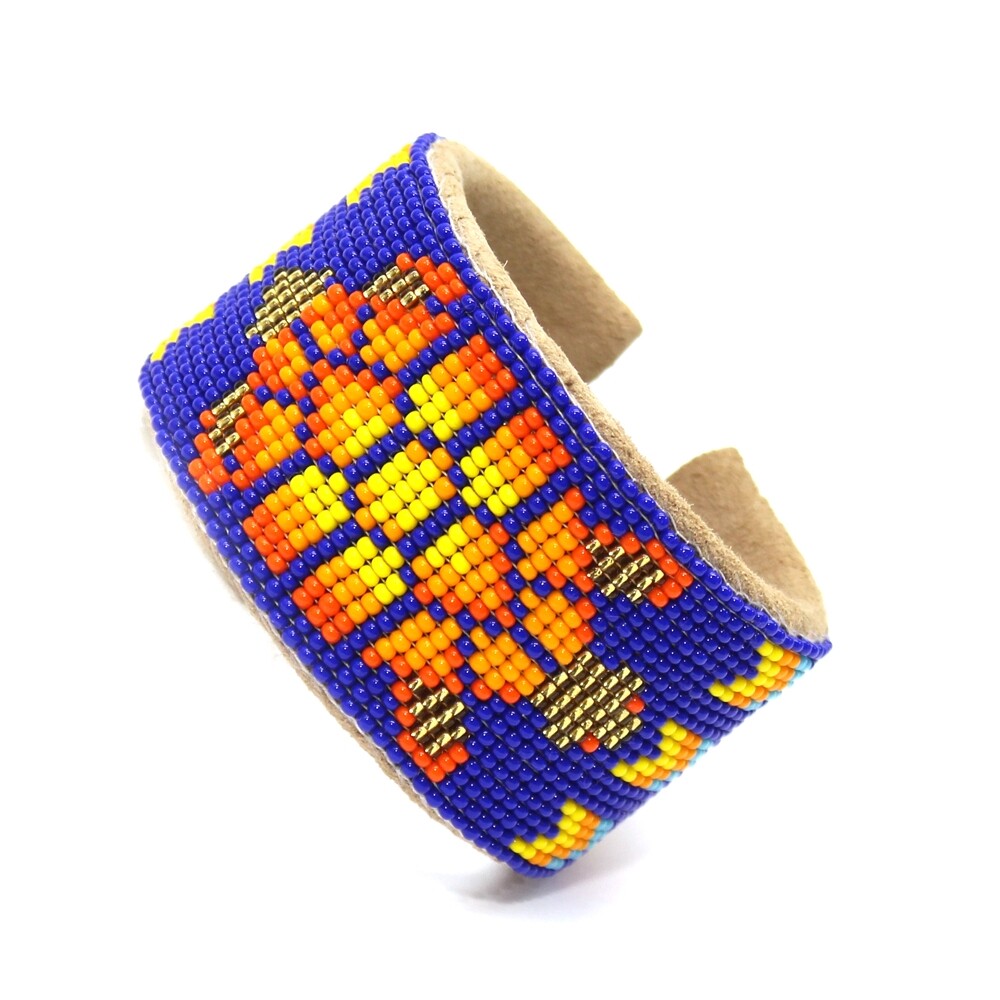 Blue Orange Turtle pattern Seed Bead Bracelet - Handmade Adjustable Cuff Wide Leather