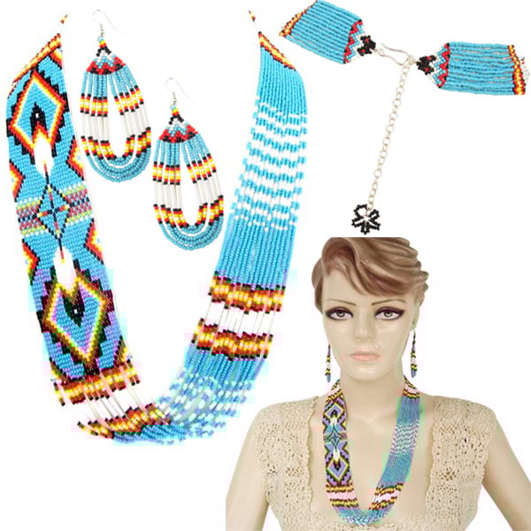 Handmade Beaded Turquoise Blue Feather Design Layered Set