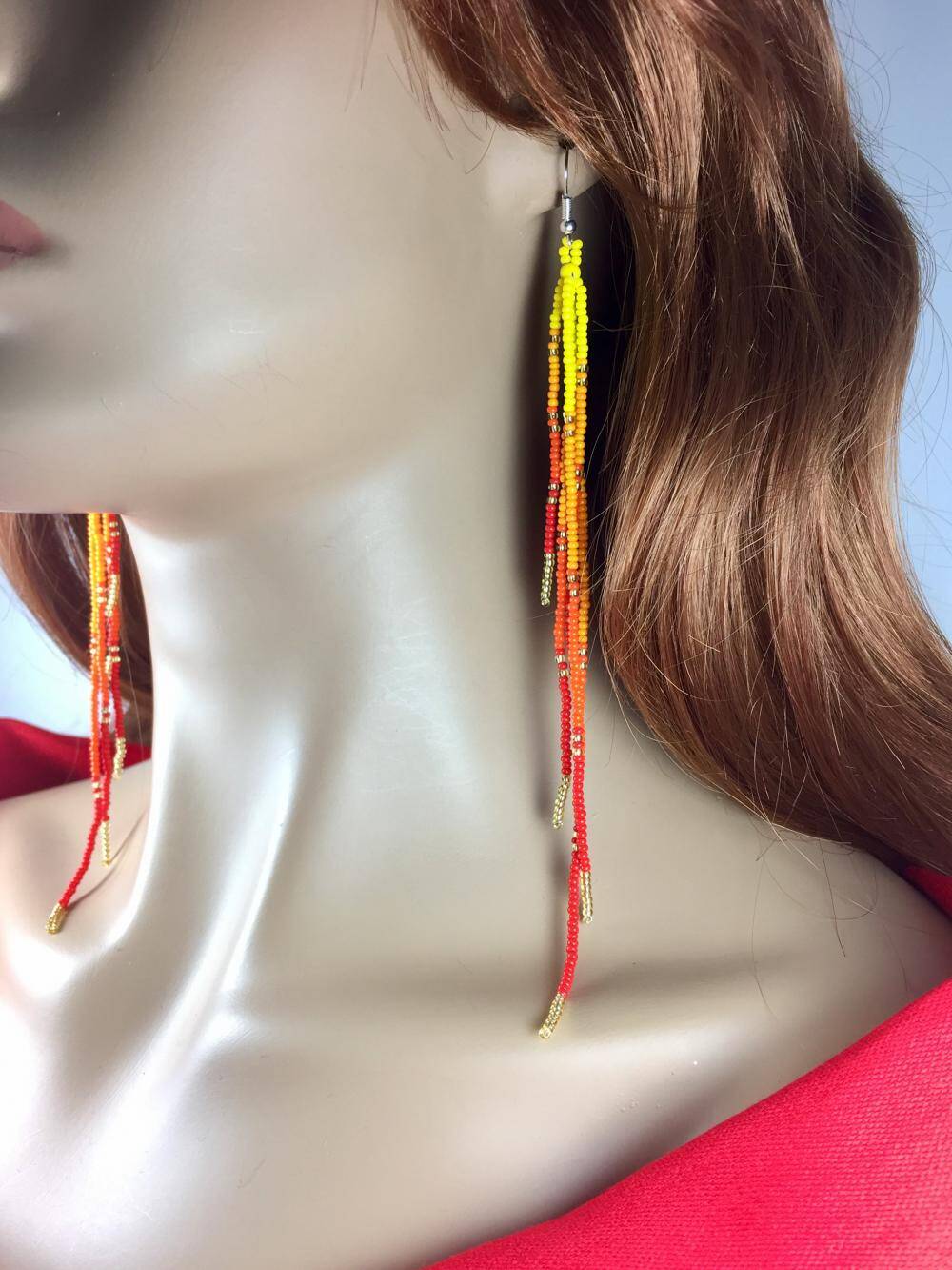 Handcrafted Beaded Red Orange Yellow Extra Long Earrings