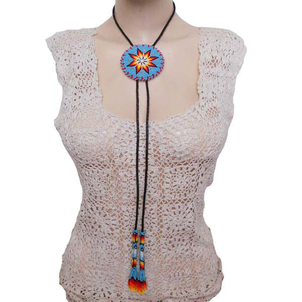 Handcrafted Cyan Blue Seed Beaded leather Bolo Tie with Star Pattern