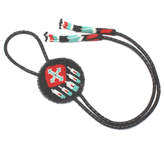 Handmade beaded Red Black Native style Black leather adjustable