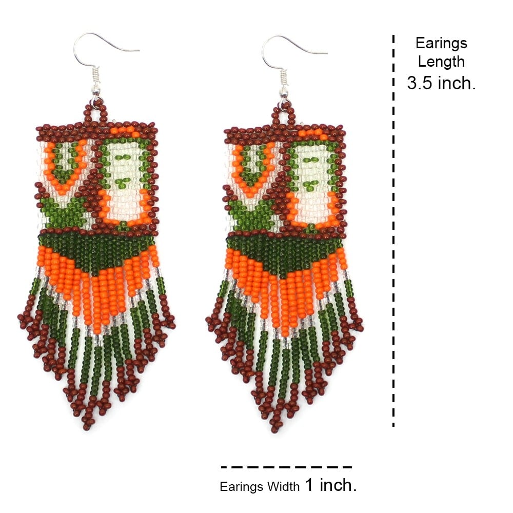 Handmade Beaded Yei Dancer Orange Green Seed Bead Big Earrings