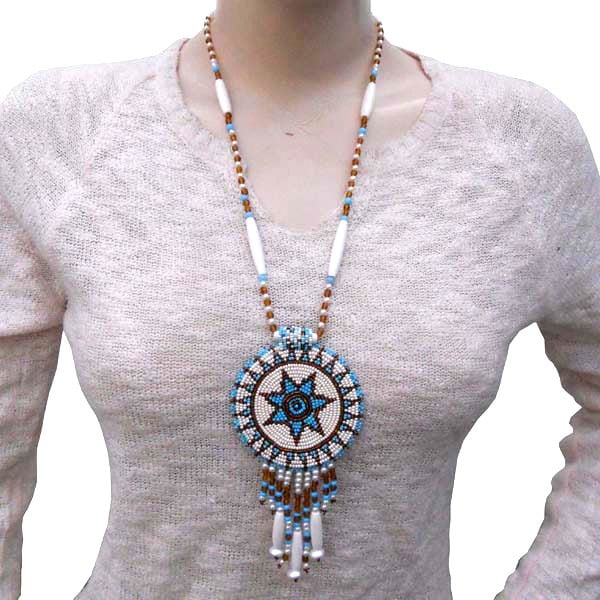 White Turquoise Seed Bead Long Star Medallion Necklace Earrings Set