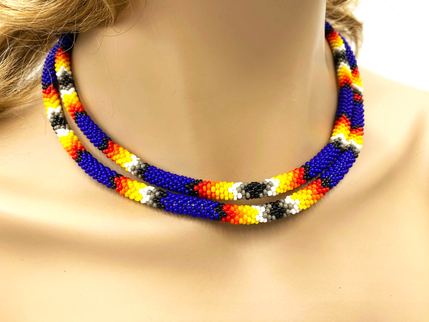Native American Style Beaded Double Strand Rope Necklace - Deep Blue Fire