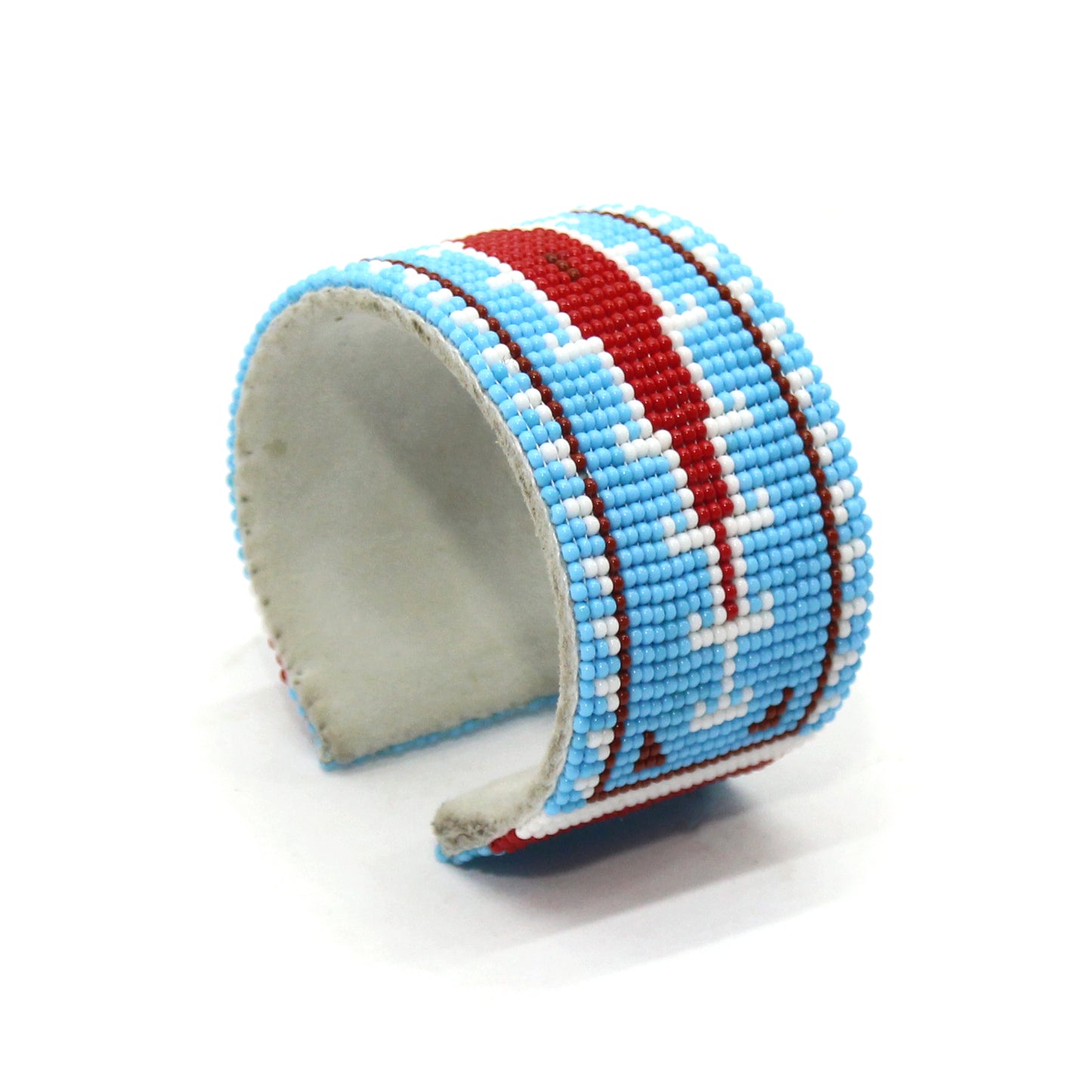 Handmade Beaded Cyan Blue Red Leather Hard Cuff Bracelet - Native Style, Adjustable and Bendable