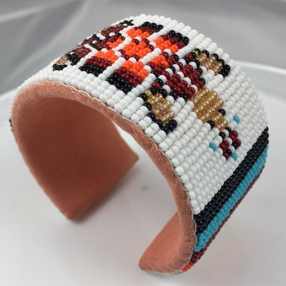Handmade Beaded White Red Turtle Leather Hard Cuff Bracelet - Unisex Adjustable Bracelet