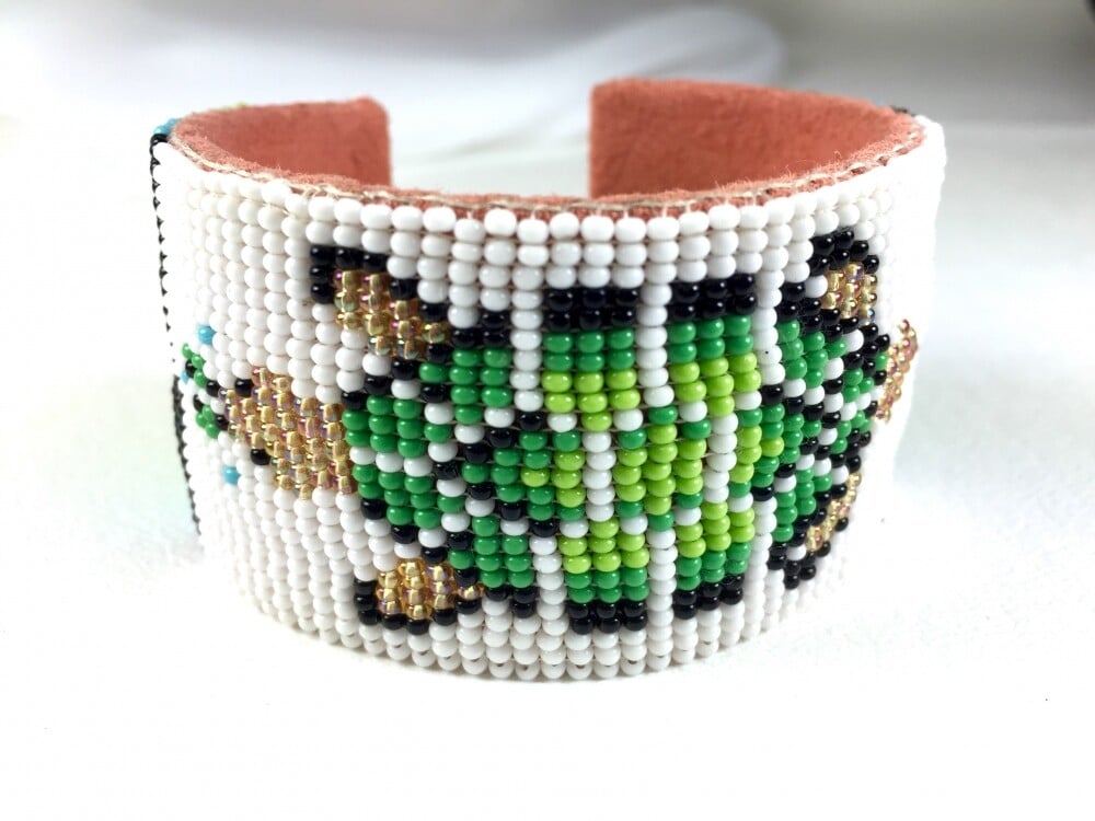 Handmade Beaded White Green Turtle Pattern Leather Hard Cuff Bracelet