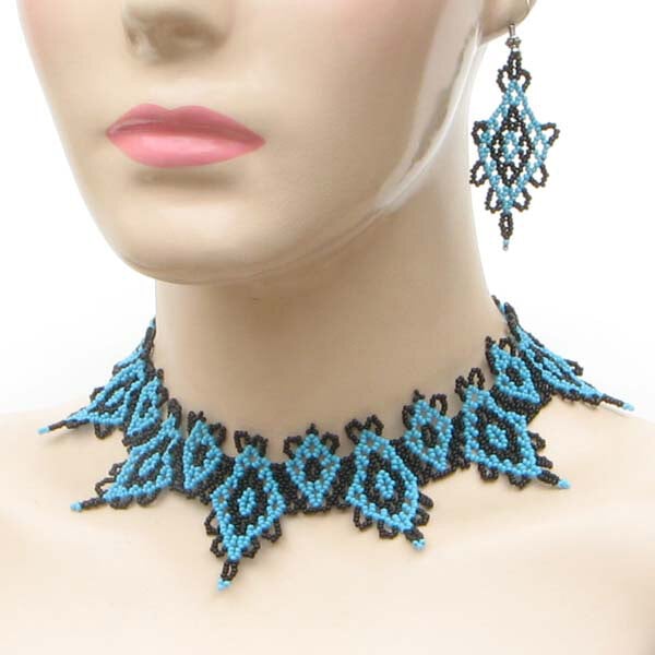 Handmade Beaded Turquoise Blue Statement Necklace Earrings Set
