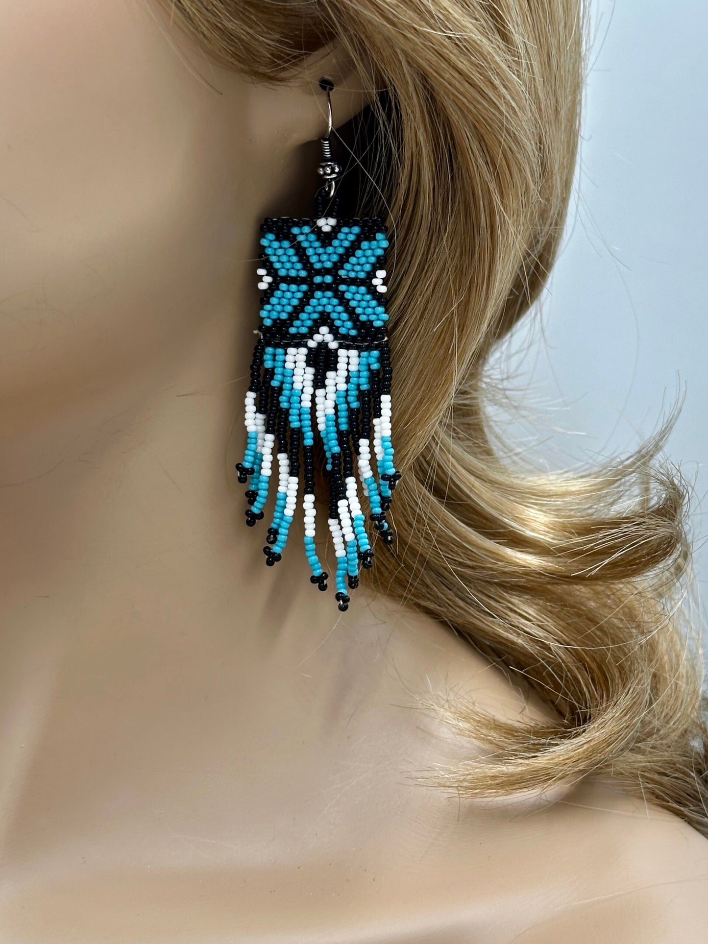 Handmade beaded Cyan Blue Black drop dangle earrings